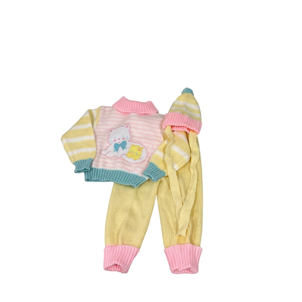VTG Small Stars Toddler Knit Sweater Set 24M Cat Patch Pastel Yellow Pink